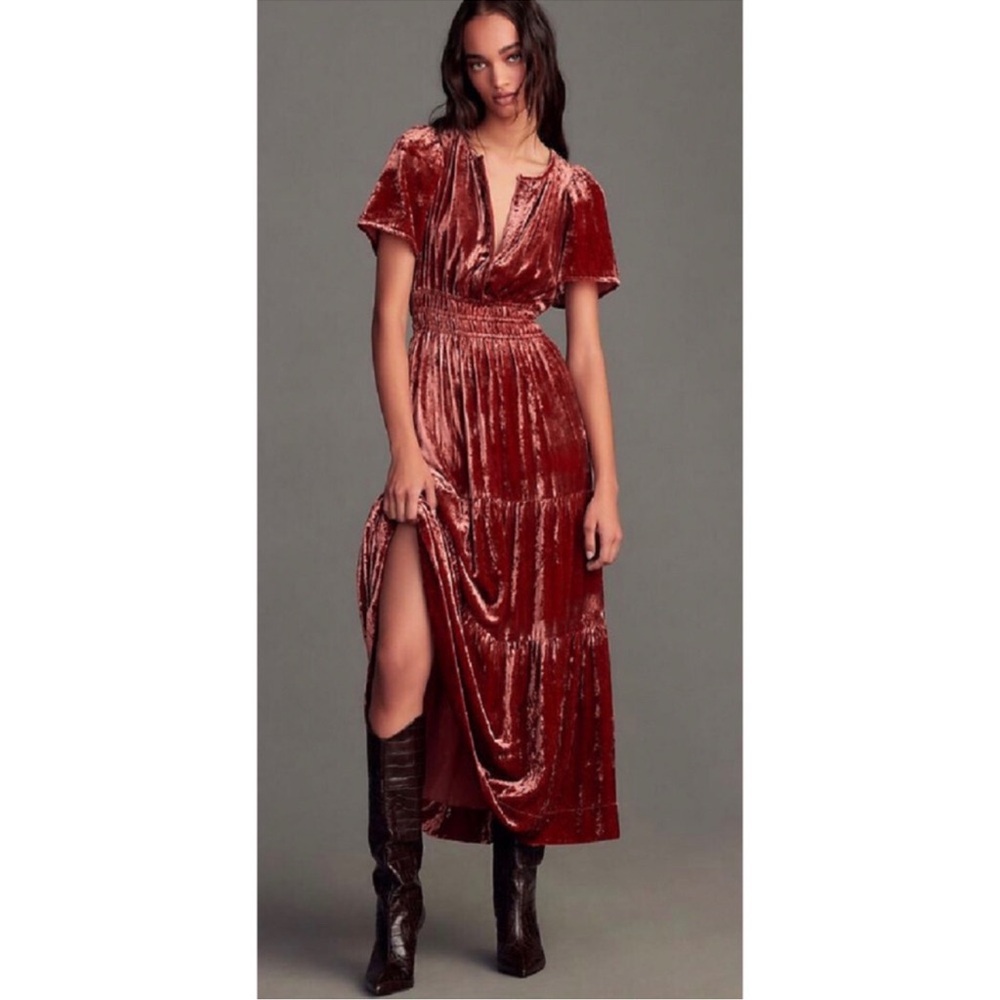 Anthropologie Rust Velvet Tiered Maxi Dress